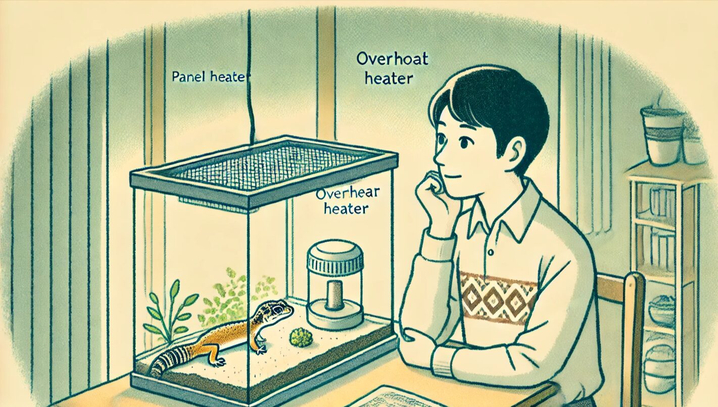 十分な知識と判断のもとで、ヒーター環境を確認しながらレオパを飼育している日本人の様子。