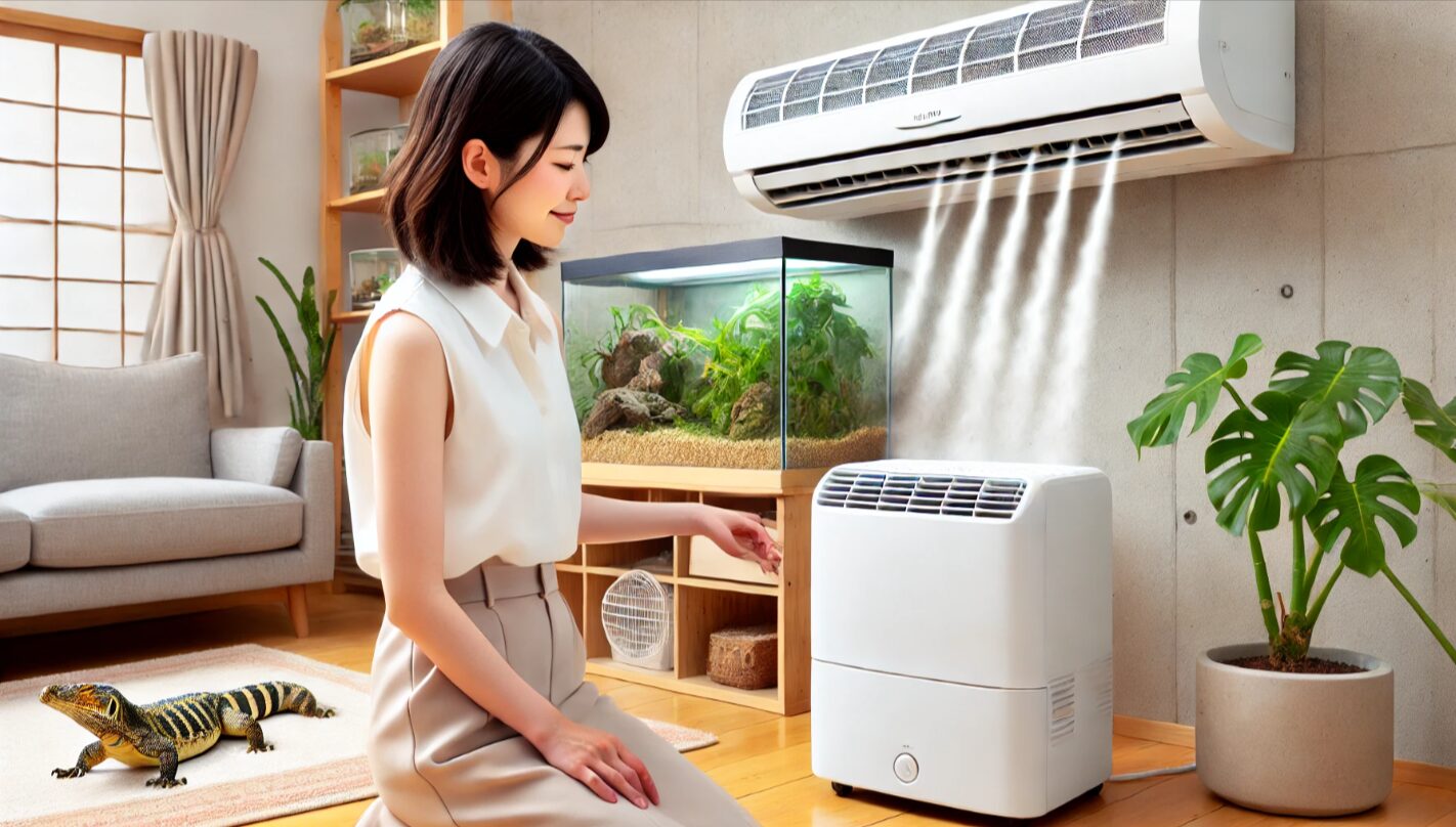 日本人女性がエアコンと除湿機を併用して部屋の湿度を下げている様子。背景にはレオパのケージが見える室内環境。