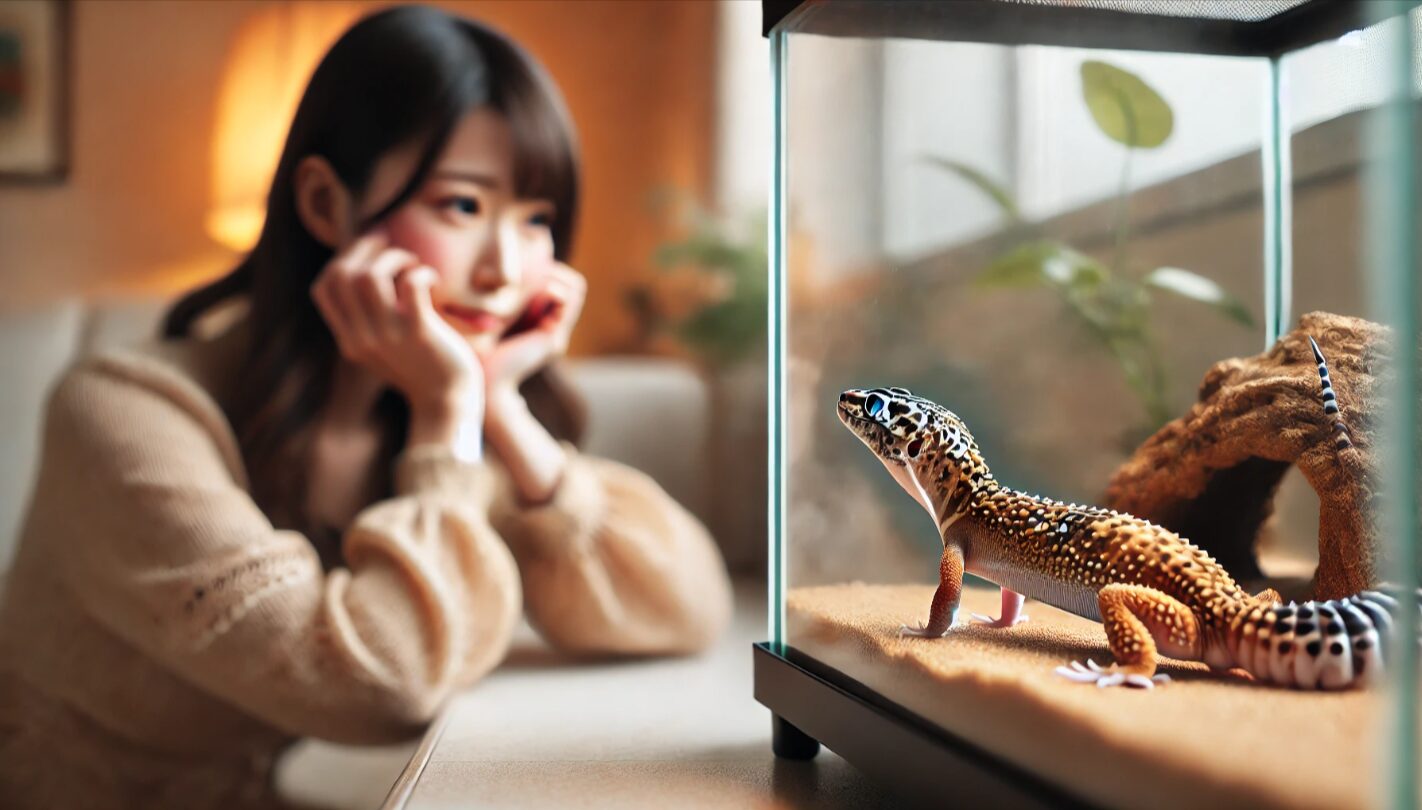 ガラス越しに観察する日本人女性に対して、防御的に尻尾を上げて警戒するヒョウモントカゲモドキ。ストレスを示す行動を再現。