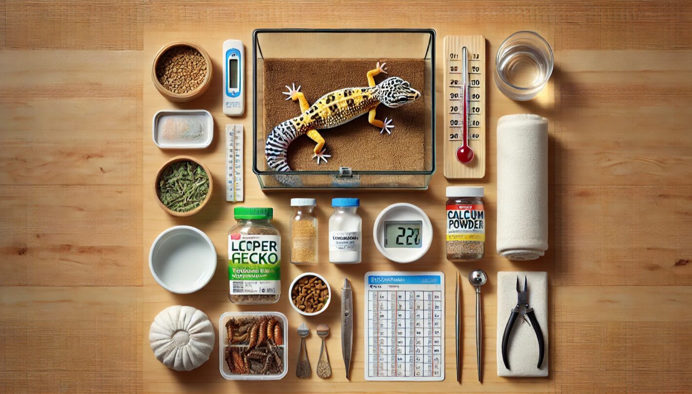 ヒョウモントカゲモドキの飼育に必要なアイテムが木製テーブルの上に綺麗に並べられた構図。ケージ、ヒーター、温湿度計、水皿、湿ったシェルター、カルシウム剤、昆虫容器などの必需品が一望できる。