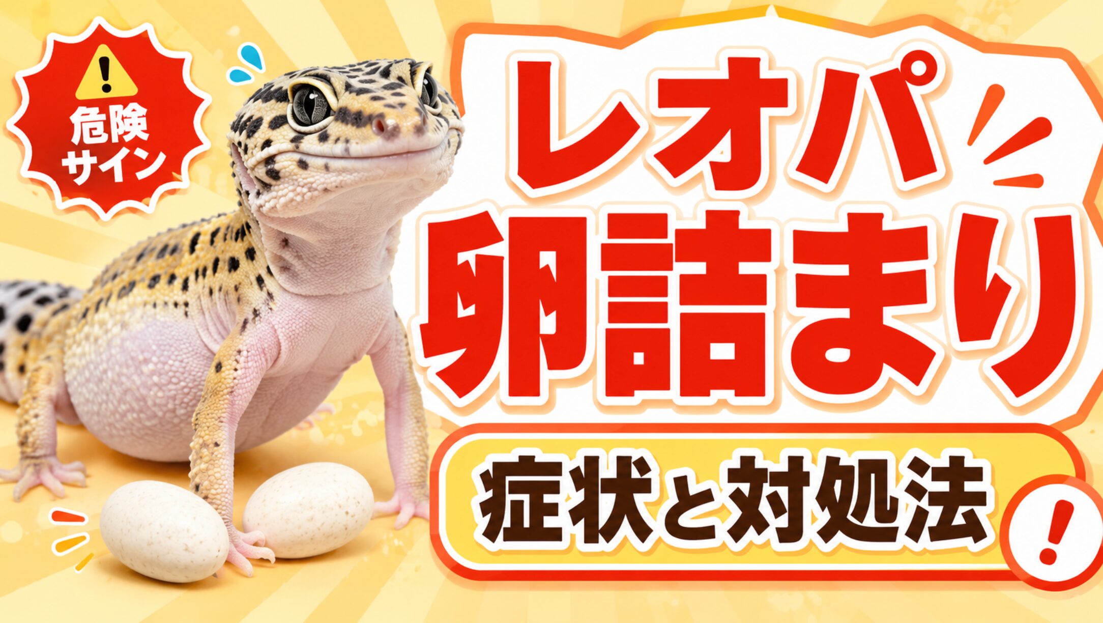 レオパの卵詰まりについて症状の見分け方と正しい対処法を解説するアイキャッチ画像