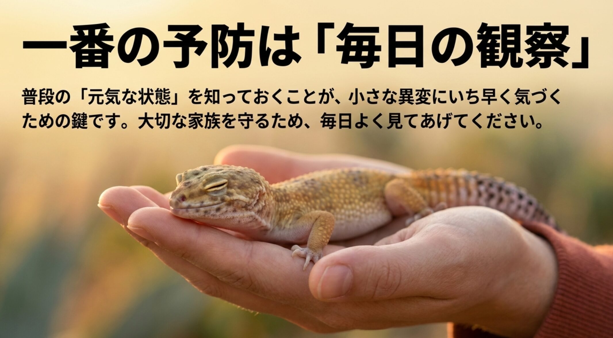 レオパの卵詰まりを早く見つけるため普段の元気な状態を毎日観察する大切さを伝える画像