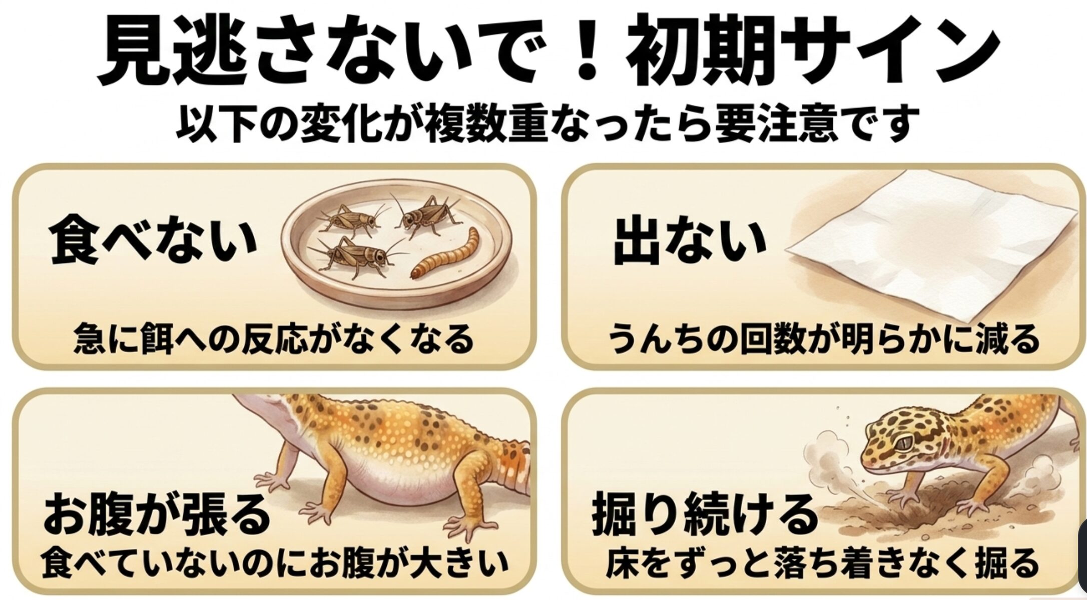 レオパの卵詰まりで見られる食べない出ないお腹が張る掘り続けるなどの初期症状一覧