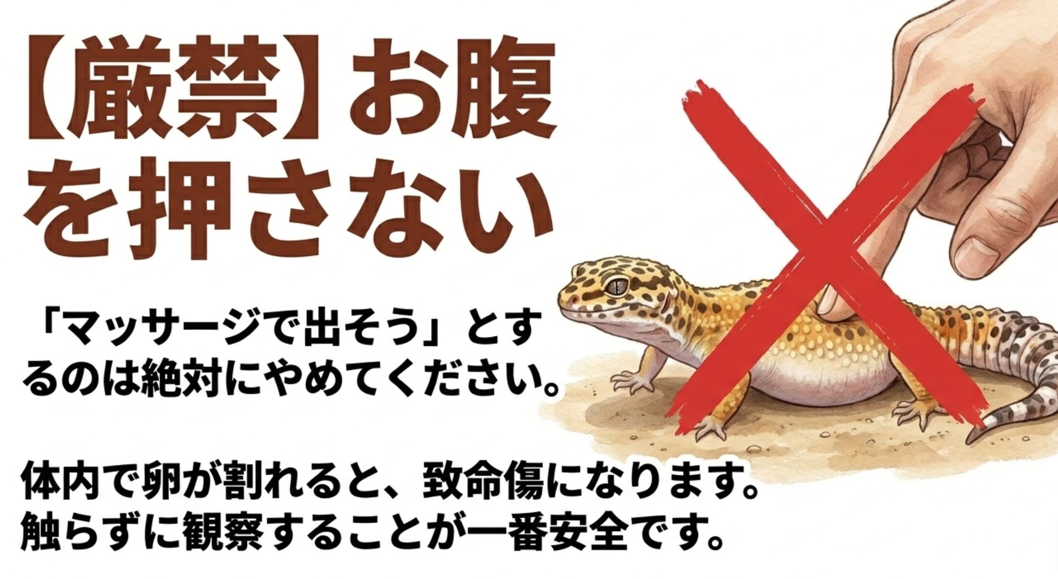 レオパの卵詰まり時にお腹を押したりマッサージしたりする危険性を注意喚起する画像