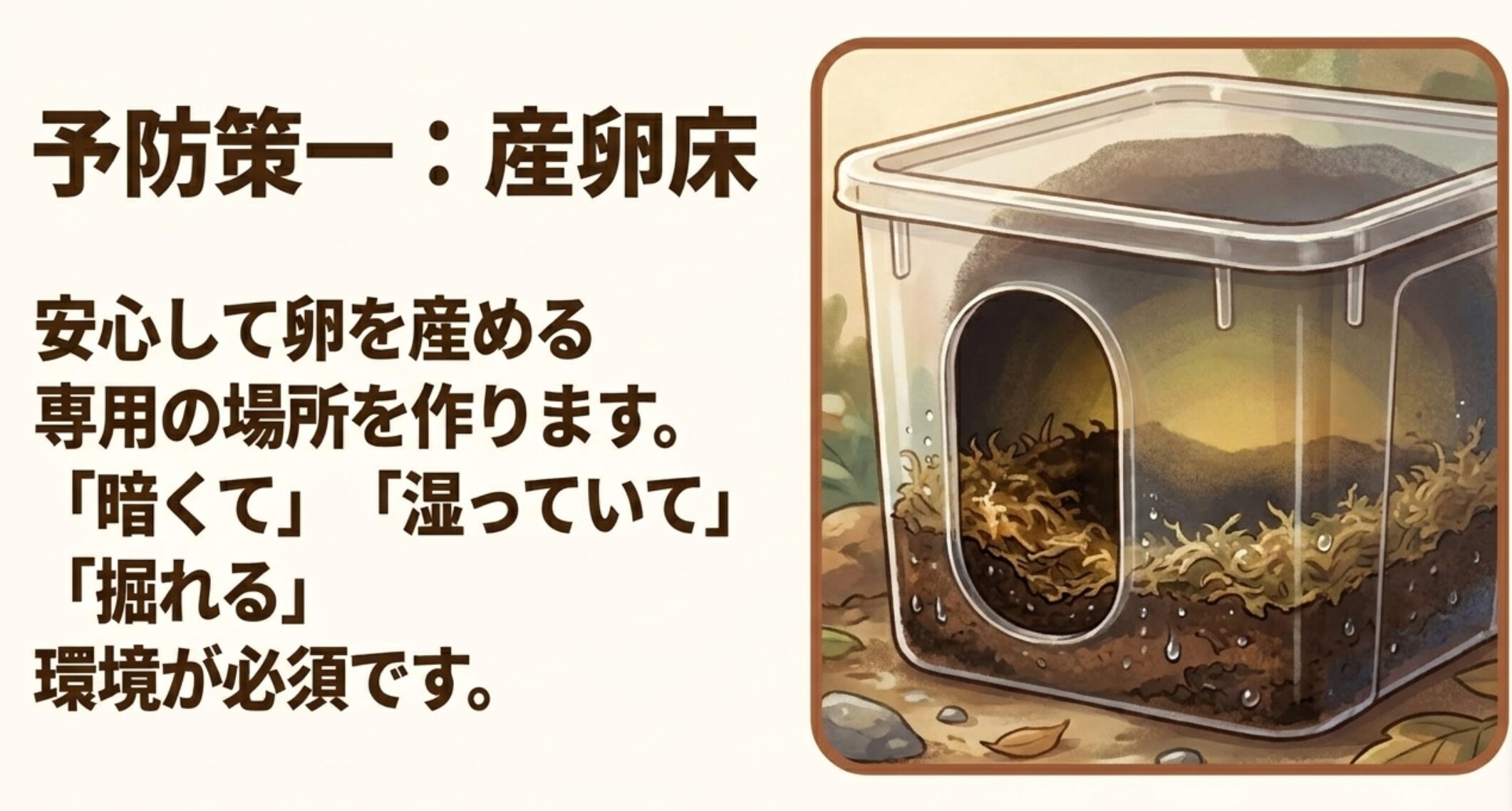 レオパの卵詰まり予防として暗く湿っていて掘れる産卵床を用意する方法の図解