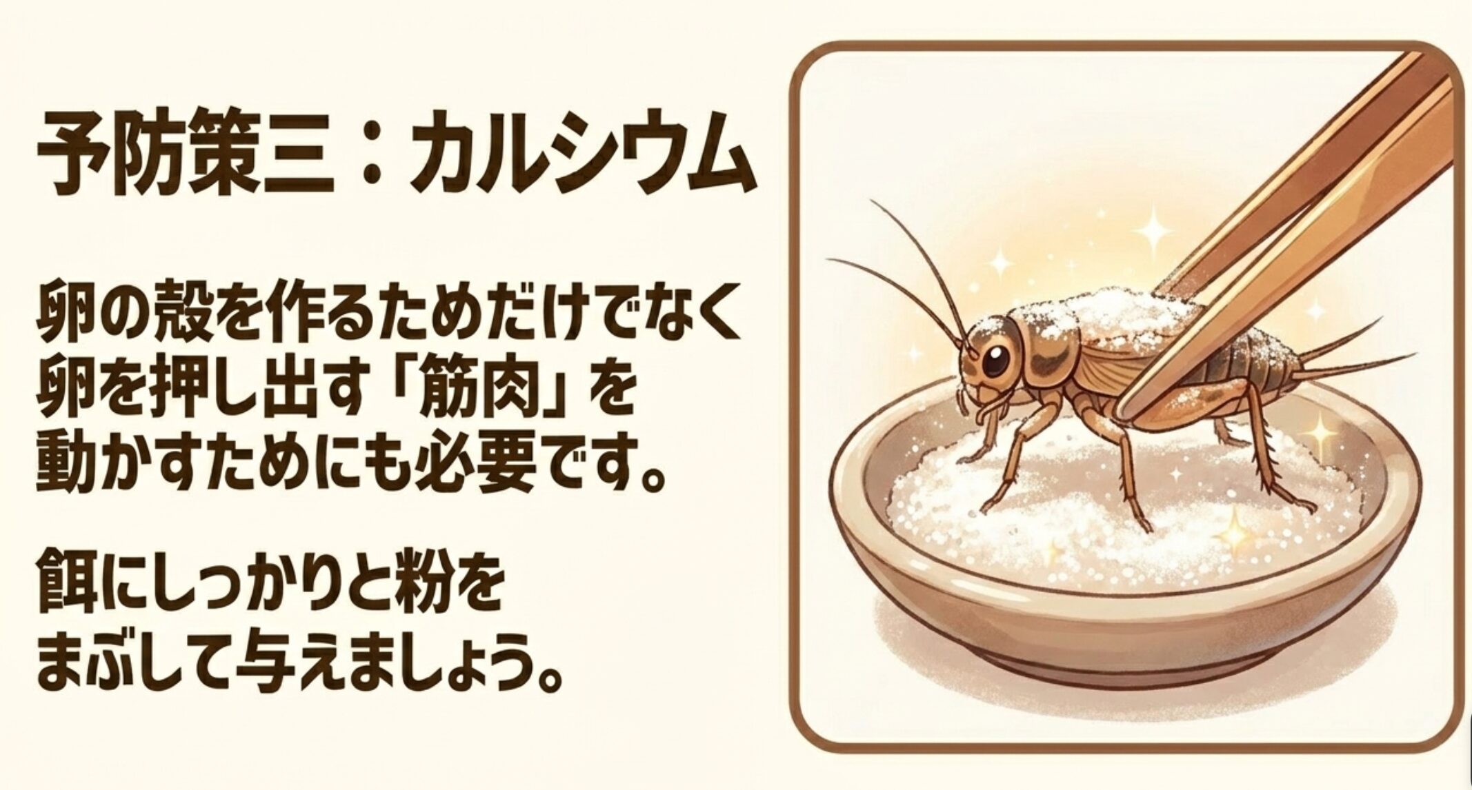 レオパの卵詰まり予防に必要なカルシウム補給と餌へのダスティングを説明する画像